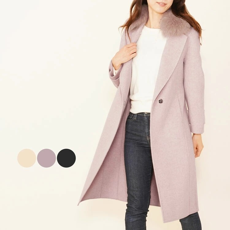 ウール100%コートレディースロングダブルフェイス一枚仕立てフォックスファー(020