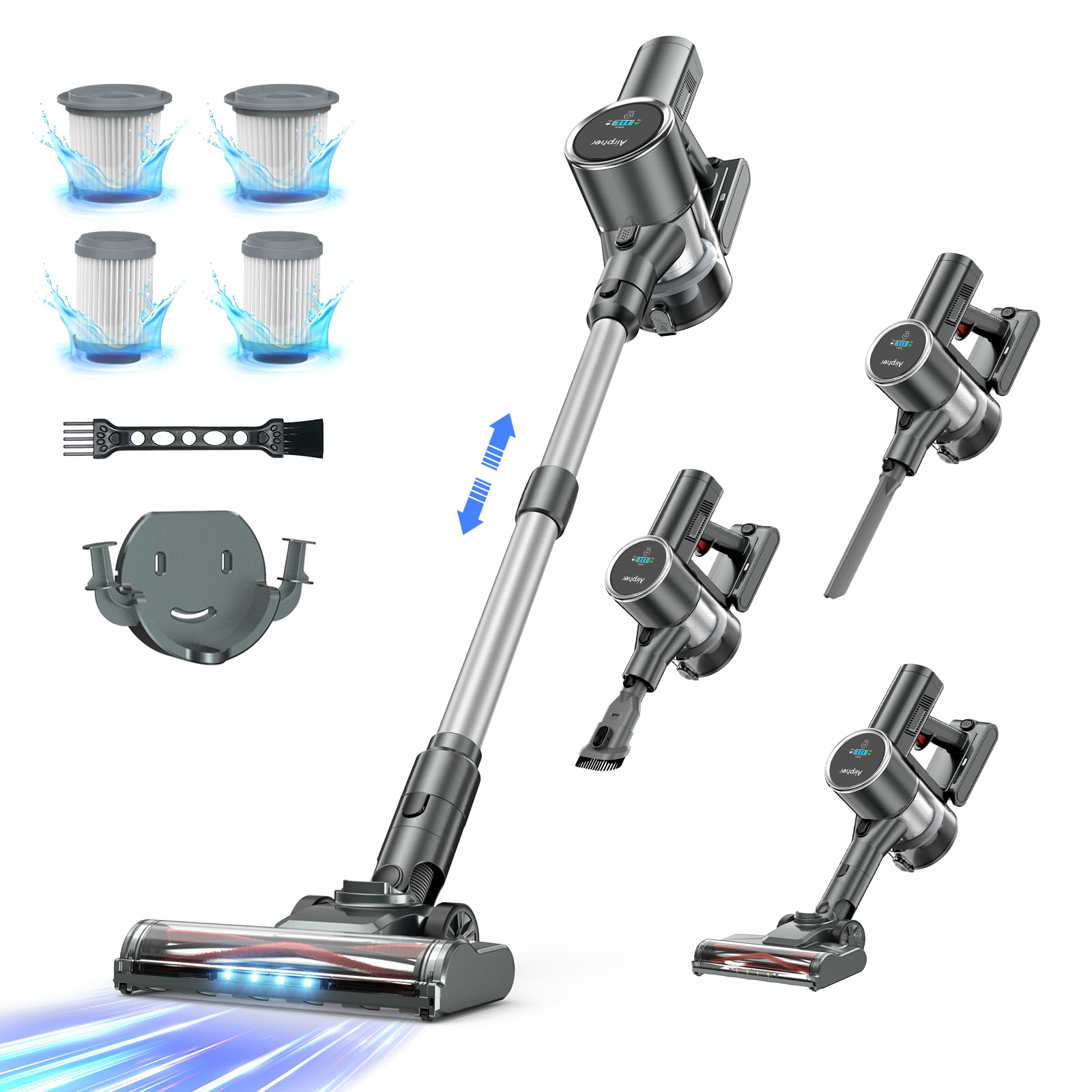 掃除機 コードレス 【45000pa強力吸引・自立式・60分連続稼働】Airpher コードレス掃除機 45kPA 40-60分連働 LED液晶ディスプレイ 軽量 低騒音 伸縮パイプ 5重濾過システム