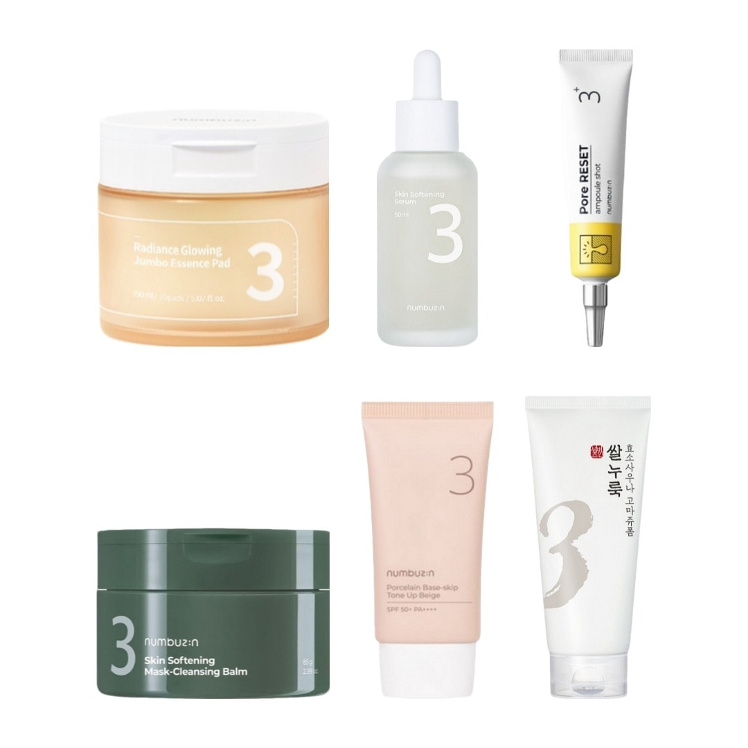 No.3 セット 透明感エッセンスパッド + なめらかセラム + 毛穴リセットアンプル + クレンジングパックバーム + 陶器肌トーンアップベージュ + 米ぬか酵素ゴマージュフォーム