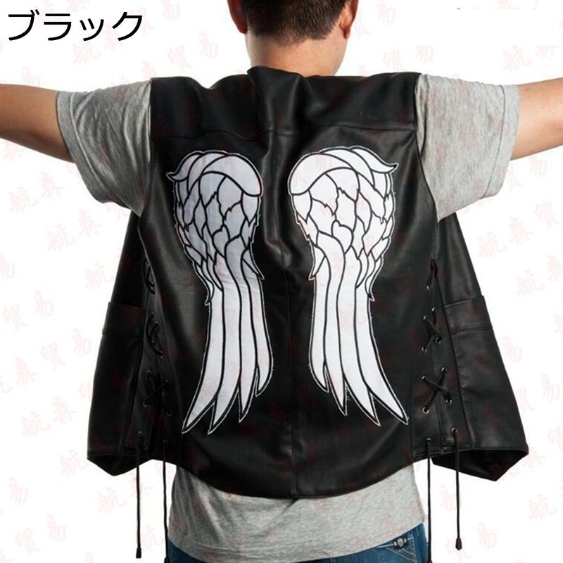 レザーベスト 革ジャン 翼柄 メンズ vネック ライダースベスト バイクチョッキ 袖無しジャケット 前開 ポケット付き 防風 細身 作業着 おしゃれ カジュアル バイク用 柔らか ハンサム 春秋用 6,325円