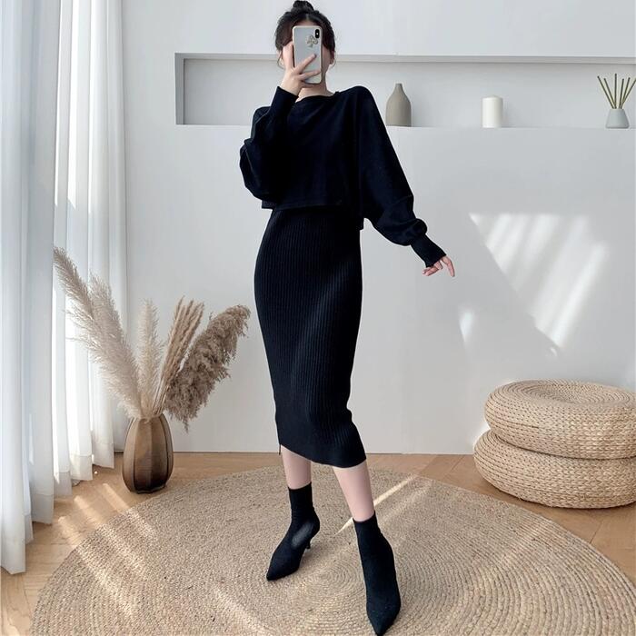 セットアップ 2点セット ニット ワンピース プルオーバー トップス ミモレ丈 レディース きれいめ カジュアル 長袖 レイヤード ショート丈 大人 可愛い 韓国 ベージュ ブラック 黒 春 冬 秋