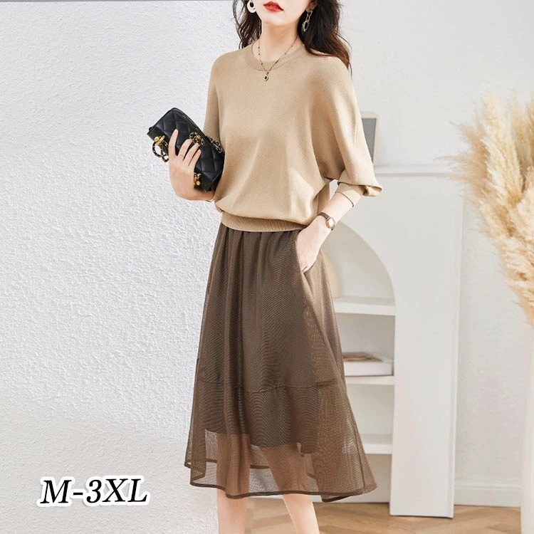 【 新作】セットアップ レディース 秋冬 長袖 ロング丈ニットワンピース 2点セットアップ ニットトップス セーター レース スカート ミモレ チュールドレス 半端丈 長袖 無地 Aライン 長袖