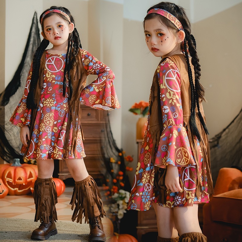 ハロウィン子供服女の子子供コスプレ少女レトロ香港スタイルヒッピーパフォーマンス衣装ドレス