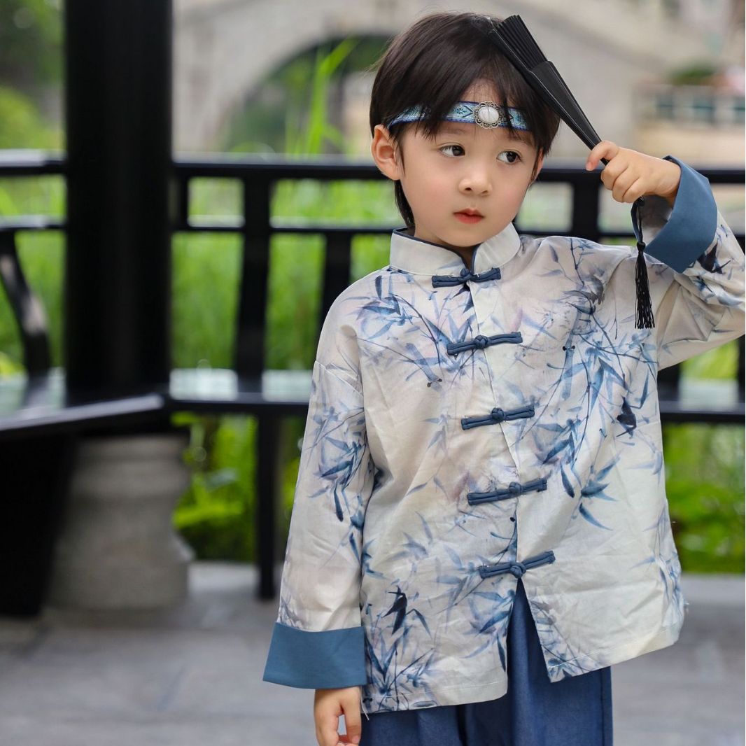 2023年少年秋装新型セット赤ちゃん水墨竹男児長袖対襟男宝中国式唐装