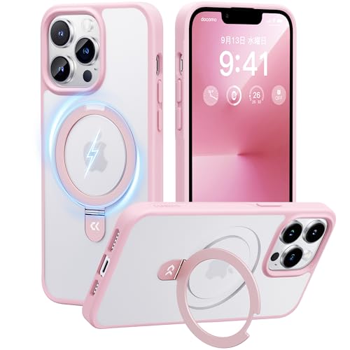 【4in1多機能満載】 iPhone13Pro 用 ケース 隠しスタンド 横縦両立 米軍MIL規格 耐衝撃 MagSafe対応 スマホケース 薄形半透明 マット仕上げ 指紋防止 ストラップホール付き