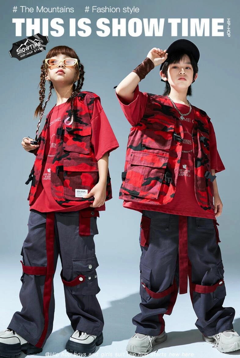 応援団 Tシャツ ヒップホップ ダンスセットアップ jazz K-POP hiphop チーム衣装 ステージ舞台演出服 練習着 上下2点セット3点セット キッズジャズ 迷彩ベスト カーゴパンツ イベン