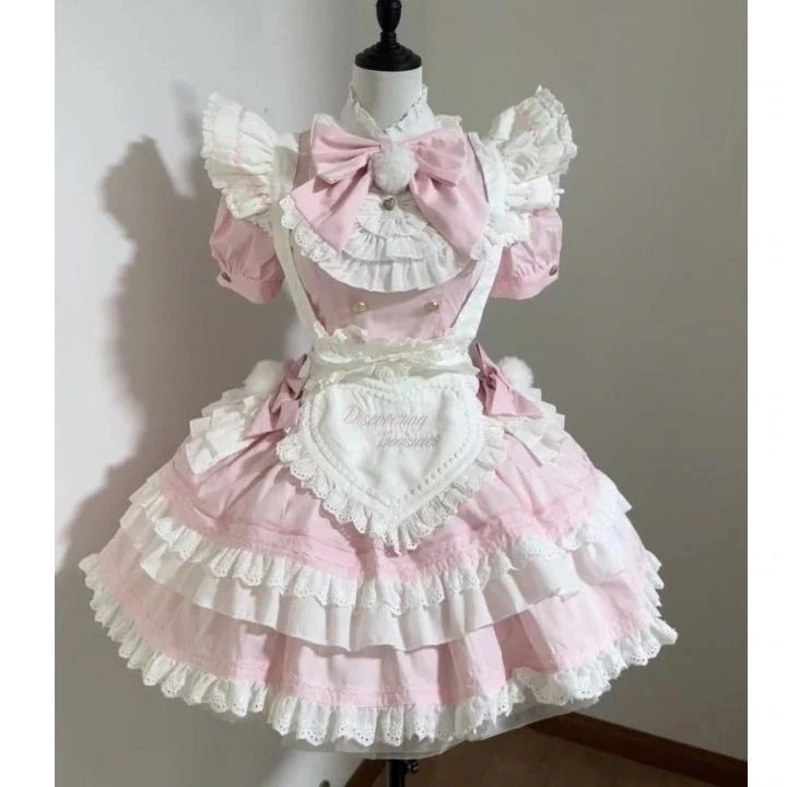 【3日出荷】ピンク甘い可愛い少女感 半袖リボン新作 ウエスト絞りケーキふわふわスカート ロリータ