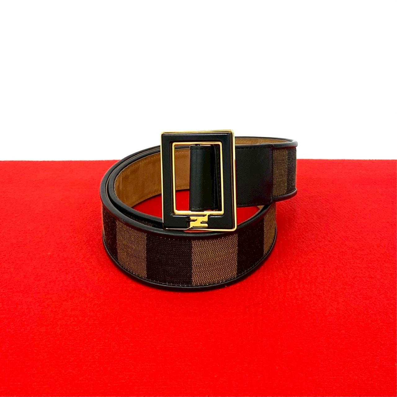 ペカン 柄 ストライプ FF ロゴ 金具ベルト キャンバス レザー ブラック 46240
