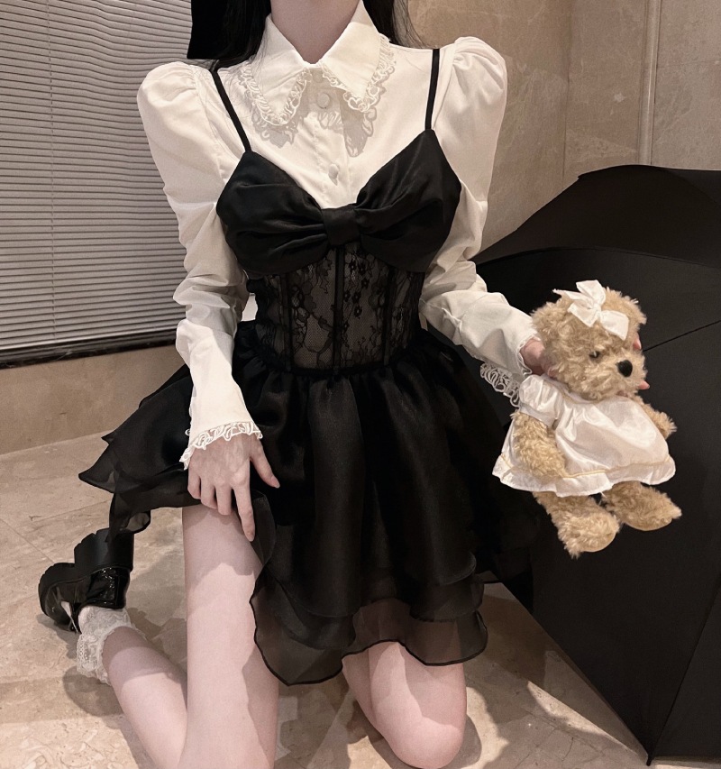 秋物新作可愛い大人気キャミソールレースワンピース +シャツ
