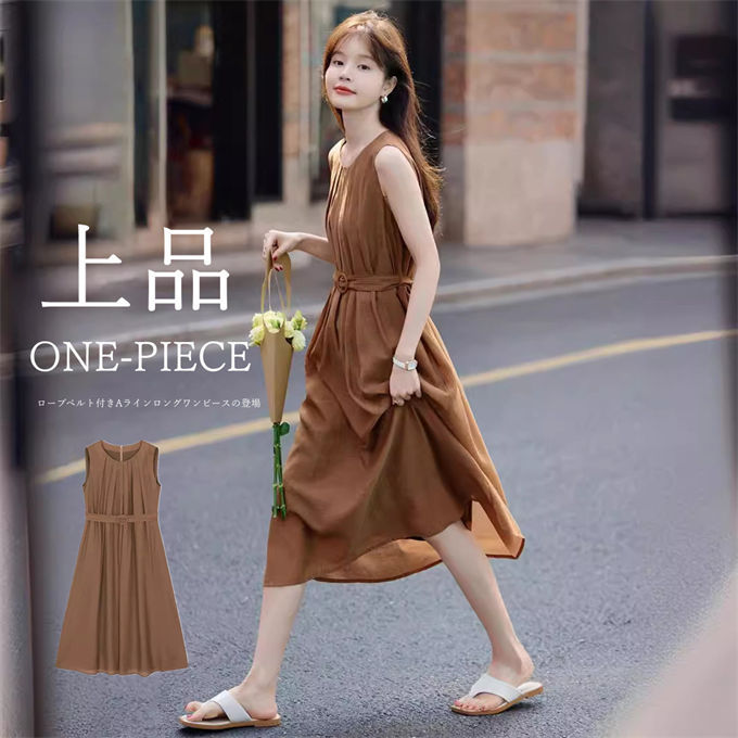 ワンピース ノースリーブ 夏ワンピ ベルト付き Aライン ロングワンピース シンプル レディース ミモレ丈 ノースリーブワンピース 膝下 ロング リゾートワンピ リラックス ギャザー おしゃれ OL