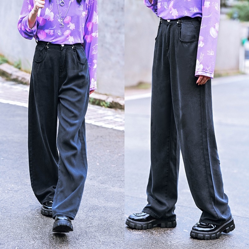 テンセルデニムパンツ イージーパンツ ジーンズ レディース ゆったり ロングパンツ 夏 ワイドパンツ 黒灰色 ハイウエスト