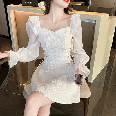 ワンピース デート ショート ショート丈 袖あり 長袖 スリム タイト 細身 春 秋 10代 20代 個性的 ホワイト ブルー S M L XL シフォン レース スクエアネック エレガント こなれ感