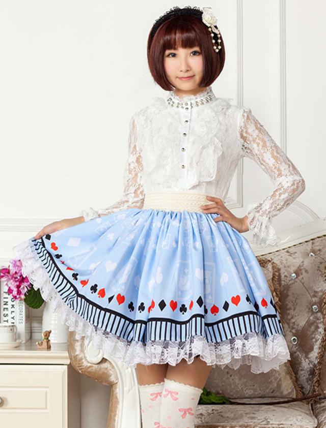 【全店任意2枚購入で100円OFF】ロリータ服　スカート　プリント　ポリエステル　スウィート　ライトブルー　カジュアル　レース