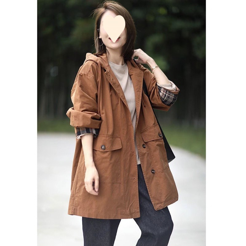 イタリア貿易輸出秋と冬の新しい芸術的カジュアルミッドレングスウインドブレーカー作業服フード付きルーズコート女性用