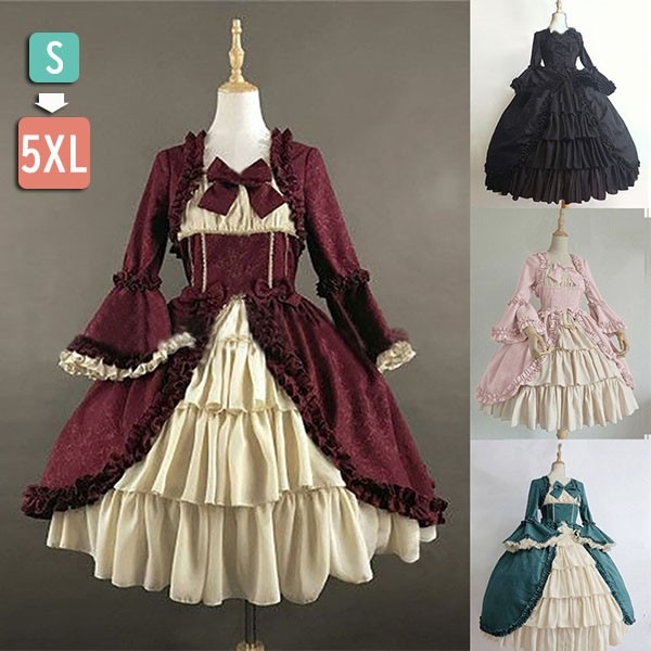 ロリータ ビッグカラー ワンピース クラロリ 単品 ゴスロリ 長袖あり 袖付き Aライン Lolita リボン フリル裾 クリスマス レディース コスチューム 衣装 仮装 パーティ お茶会 かわいい