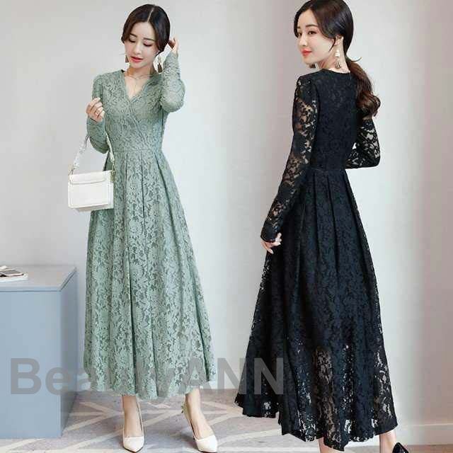 30代 結婚式 袖あり 黒 ドレス 20代 40代 50代 パーティードレス ワンピース ロングドレス お呼ばれ [即納] 総レース カシュクール プレゼント ギフト