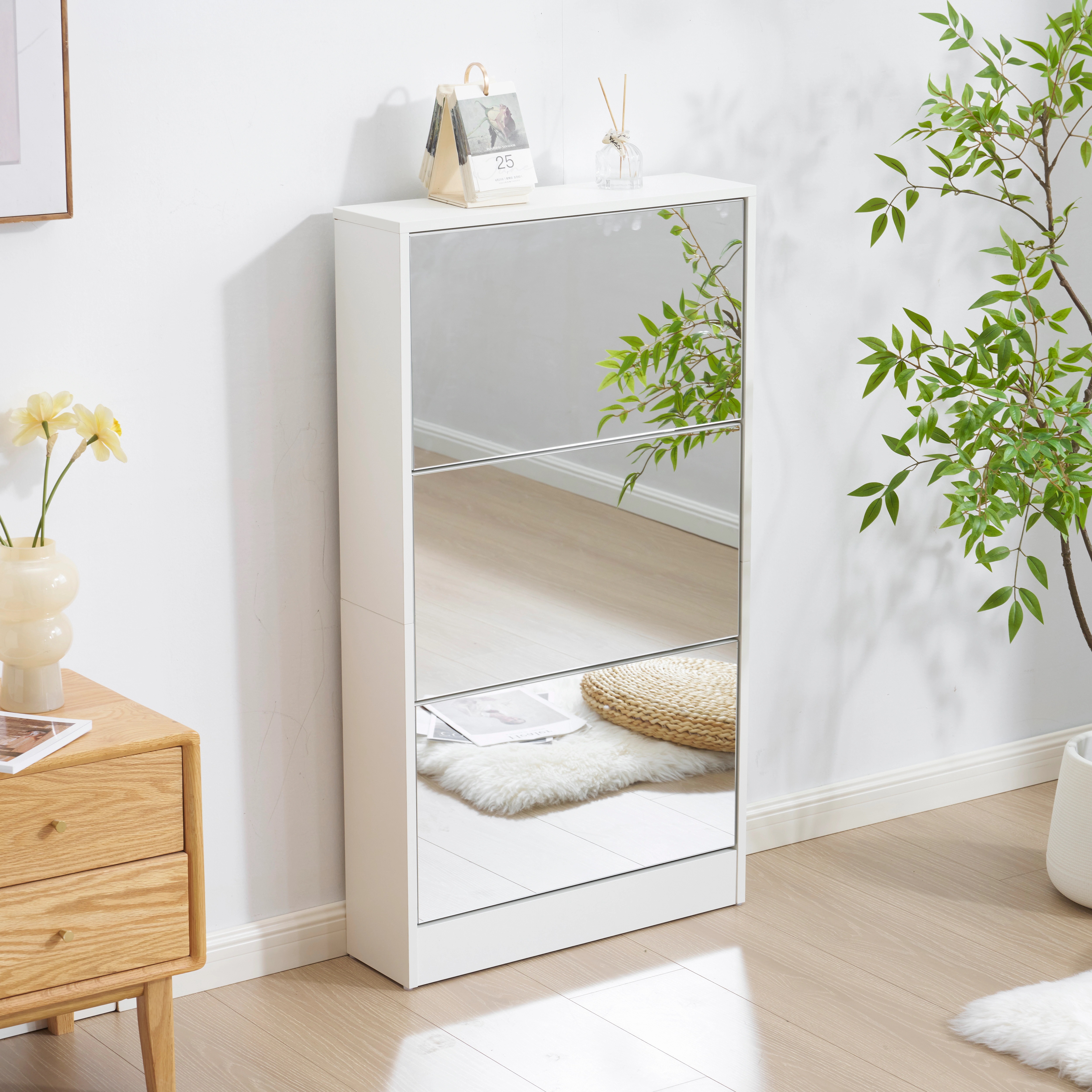 【鏡タイプ】下駄箱3段 シューズラック 玄関収納 ひとり暮らし スリムタイプ 靴収納ラック 靴収納棚 倒れ防止道具取付必要 474