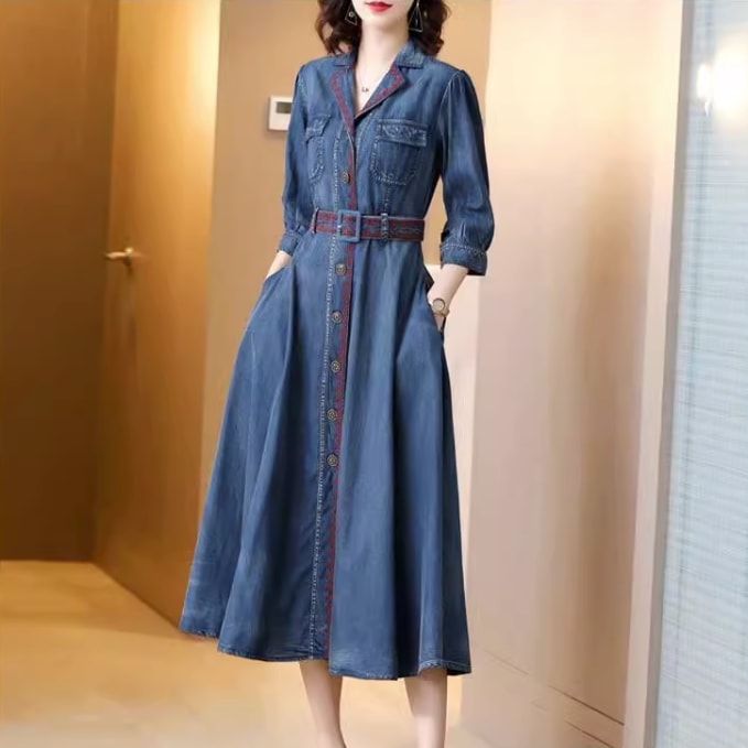 ワンピース シャツワンピース ロング ロング丈 袖あり 7分袖 七分袖 襟付き セミフレア Aライン ポケット ハイウエスト 前開き デニム ブルーデニム かわいい 大人可愛い シンプル おしゃれ