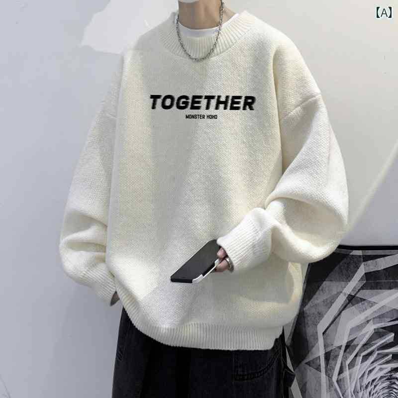 秋冬 ハーフ タートルネック プルオーバー 起毛 厚手 セーター レター 柄 プリント セーター 紳士服 5,324円