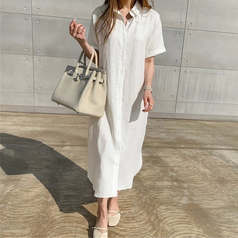 レディース ワンピース シャツワンピ ミモレ 半袖 ポロカラー スリム 細身 ストレート 前開き 透け感 ボタン 紐ベルト 薄手 かわいい 大人可愛い きれいめ シンプル カジュアル 上品 おしゃれ