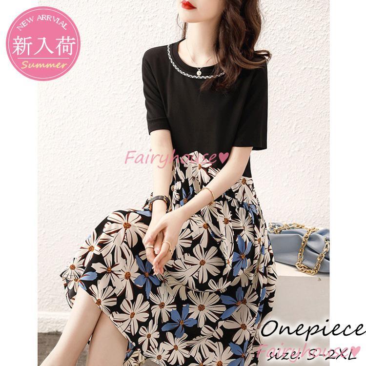 【即納】ワンピース レディース 40代 きれいめ 膝丈ワンピース 春夏 半袖ワンピース 花柄切り替え シフォン Aラインスカート オシャレ韓国風 大人ゆったり