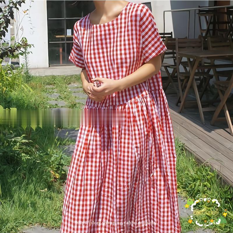 ワンピース フレア ロング丈 ミモレ丈 レディース服 半袖 ラウンドネック Aライン ウエスト ギャザー 切り替え ギンガムチェック シフォン ゆる