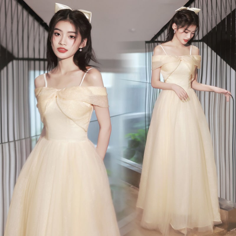 送料無料 結婚式ドレス 二次会ドレス シャンパン色 オフショルダー キャミドレス リボン 可愛い ロングドレス イブニングドレス 結婚式 パーティードレス 発表会ドレス イブニングドレス ロング Aラ