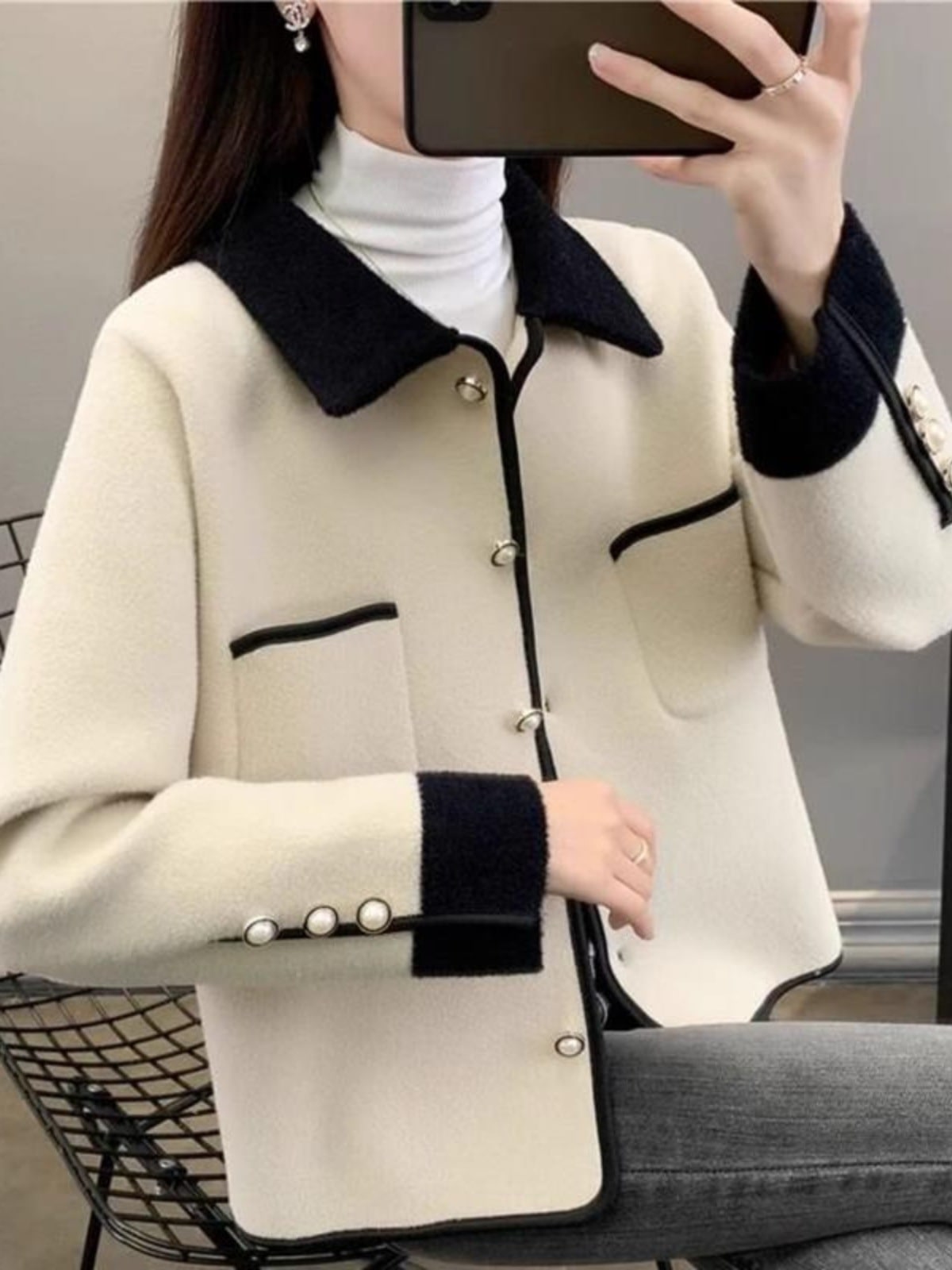 10個セット カラーウールのコート女秋冬2025小柄スクエアネックゆったり長袖トップス