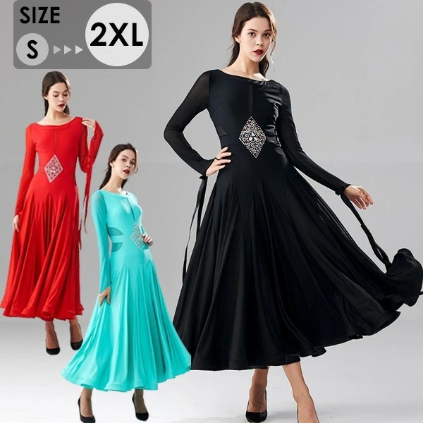 社交ダンス ドレス スタンダード 社交ダンス衣装 ワンピース 広がる裾 レッスン着 発表会 競技着 練習着 演出用 ワルツ専用ドレス ロング丈 ロングドレス オールシーズン 黒 緑 赤 s m l x