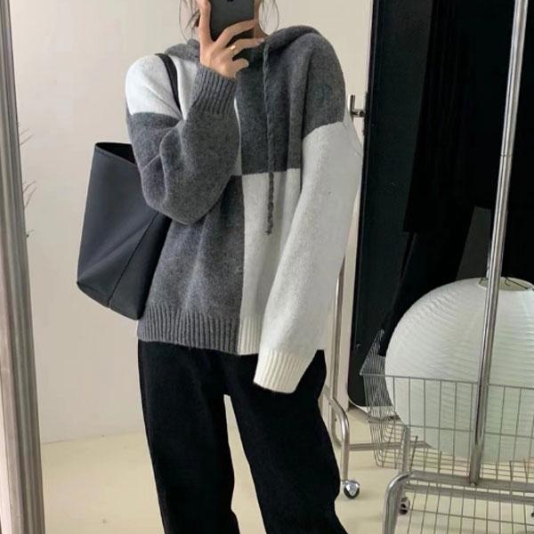 ニットパーカー ニットフーディー レディース セーター 秋冬 長袖 トップス ニット バイカラー プルオーバー ニットソー ゆるニット