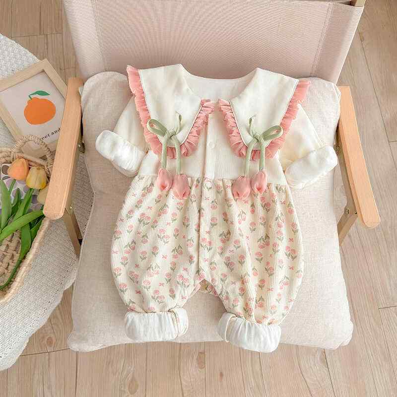 【1-3日出荷】カバーオール 1歳 春 秋 チューリップ ベビー 花柄 お出かけ 新生児 乳児 外出 ガーリー フリル 快適 女の子 ロンパース おしゃれ