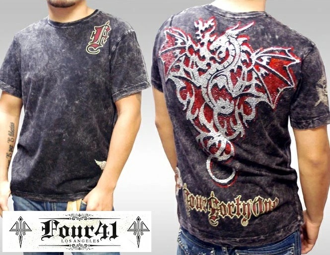 Four41 Los Angeles フォーフォーティーワン メンズ ラインストーン Tシャツ シルバードラゴン ブラック k-68 スワロフスキー インポート セレブ ブランド ストリート LAセレ