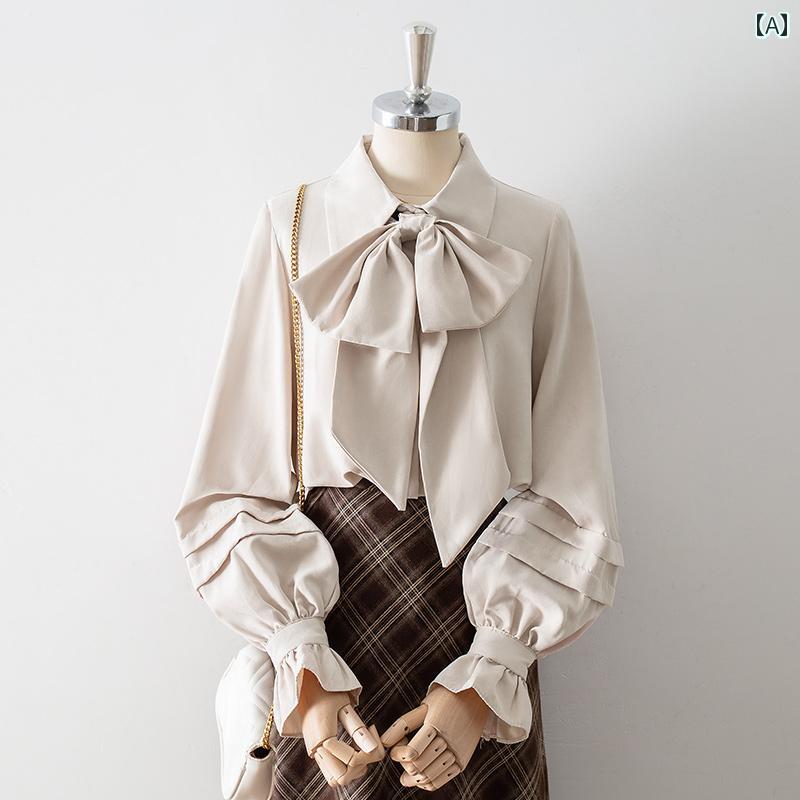 レディース シャツ ブラウス 長袖 春秋 ベージュ シャツ襟 蝶リボンタイ／取外し可 ランタンスリーブ フリル プリーツデザイン袖 優雅 上品 気品 高貴感 クラシック レトロ エレガント モダン