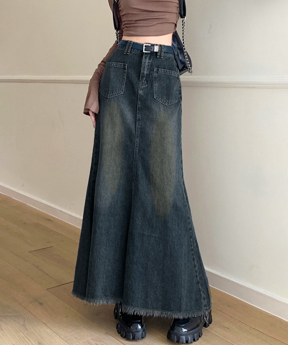 フリンジデニムスカートマーメイドスカート レディース ハイウエスト ヴィンテージ デニムスカート ブリーチ Aラインスカート カジュアルロングスカート miniministore 84DA