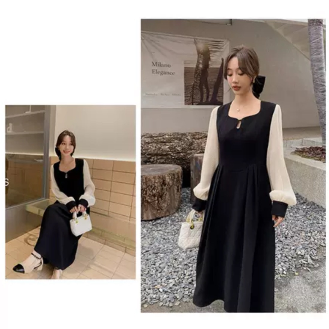 ワンピース ロング フレアスカート パフスリーブ ボリューム袖 フェミニン ふわふわ フレア ワンピドレス ロング丈 マキシ 9分丈 アンクル丈 長袖 スクエアネック ボリューム Aライン ふわふわ 9,634円