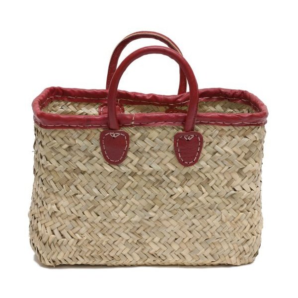 Moroccan Straw Tote Bag w/Red Leather Trim， 16
