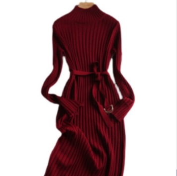 ハイネックニットワンピース ワンピース ニット ミモレ丈 長袖 ハイネック スリム タイト 細身