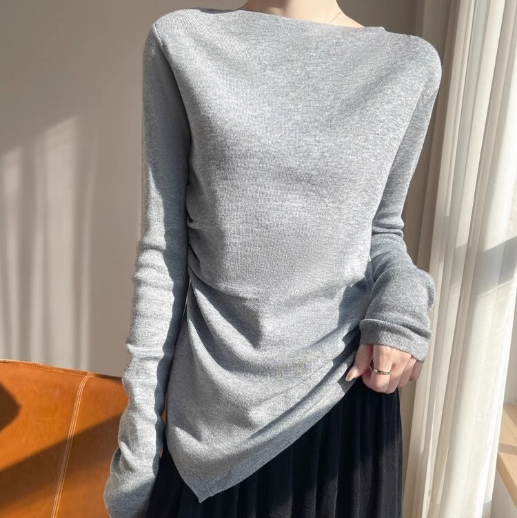 スラッシュドネック レディース トップス ニット セーター ミディアム 長袖 襟なし タイト スリム 細身 スマート きれいめ シンプル カジュアル 上品 おしゃれ かっこいい こなれ感 クール