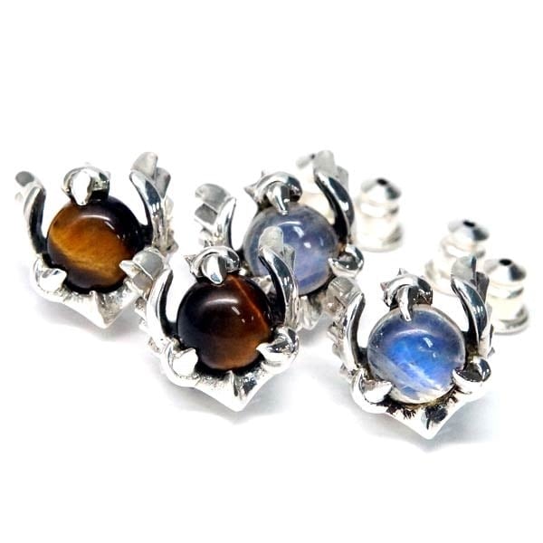 シルバー925 スタッド ピアス イーグル 鷲 フェザー 羽 爪 ネイル 天然石 メンズ ブルームーンストーン/タイガーアイ