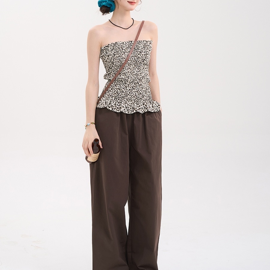 2点セット チューブトップ 胸元 ミディアム丈 ロングパンツ ウエストゴム ワイドパンツ かわいい 大人可愛い きれいめ シンプル 上品 おしゃれ かっこいい カジュアル こなれ感 ラフ ルーズ