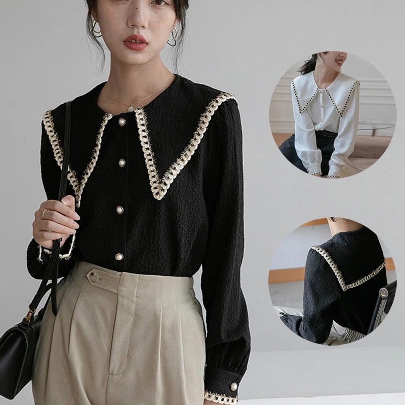 シャツ ブラウス 長袖 レディース シャツ セーラー襟 レトロ パールボタン オフィスカジュアル