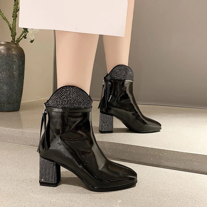 の入荷ブーツレディースヒールキラキラ作上品質えレゲントシンプル太ヒール高級感レザー快適売れ筋