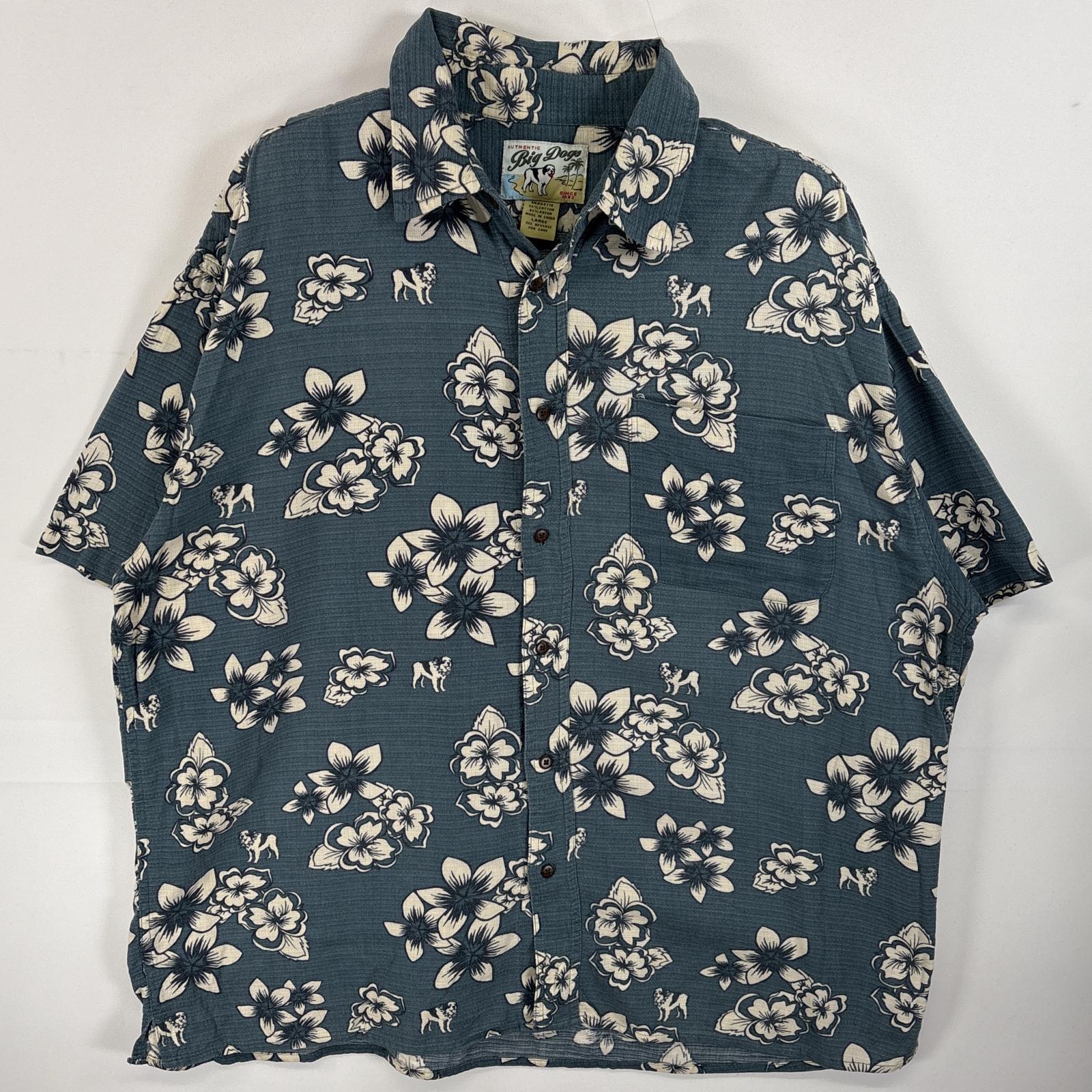古着 ビックドッグ BIG DOGS 半袖シャツ アロハシャツ レーヨンシャツ 胸ポケ L ブルー系 総柄 メンズ