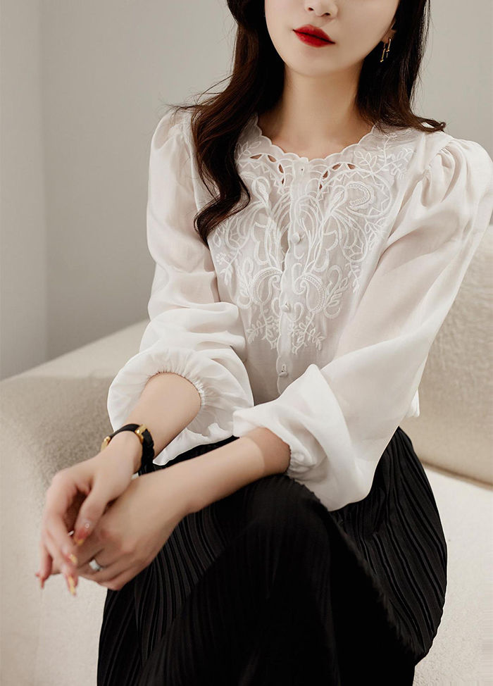 シャツ ブラウス シャツブラウス レディース 長袖 夏 春 薄手 シフォンシャツ トップス 前開き 刺繍 シフォン ゆったり チュニック 花柄 フォーマル 柔らかい カジュアル ナチュラル ビジネス