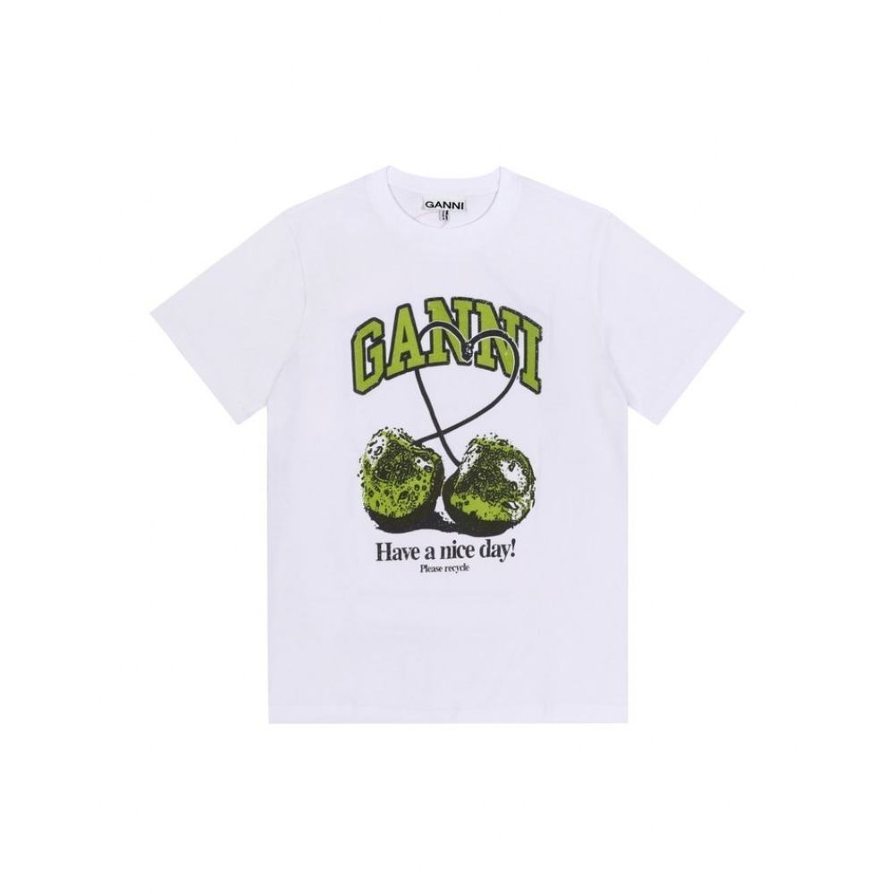 GANNI T4291 151 グリーンチェリーロゴプリントレディース半袖Tシャツ