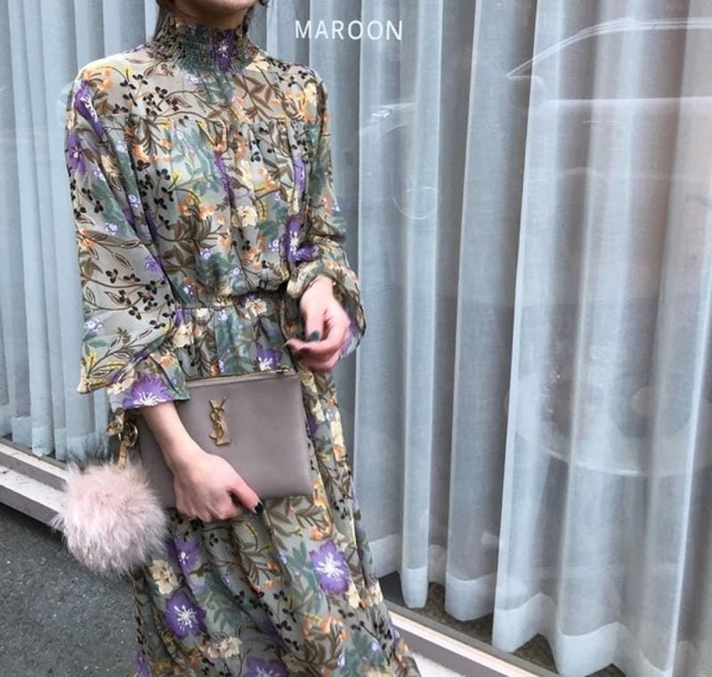 1925.花柄レトロワンピース（パープル）2019 春夏 sale ドレス Aライン 長袖 ロング ハイネック エレガント お呼ばれ パーティー 結婚式 披露宴 女子会 レストラン デート 100,000円