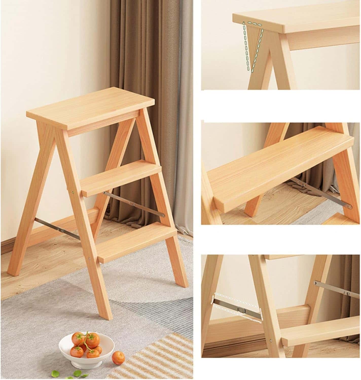 折りたたみチェア 木製 多機能 踏み台 ハイスツール 食卓椅子 階段 カウンターチェア バーチェア 足置き 背付き クッション 室内 室外 リビング 書店 喫茶店 コンパクト 省スペース 組み立て不要