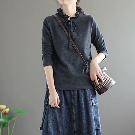 トップス カットソー ミディアム丈 プルオーバー 袖付き 長袖 襟なし クルーネック かわいい 大人可愛い シンプル カジュアル 大人 上品 おしゃれ お洒落 かっこいい レトロ 大人女子 こなれ感