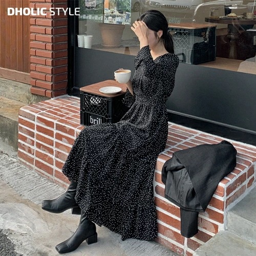 [メガ割りSALE]Vネックドットフレアロングワンピース・p300569