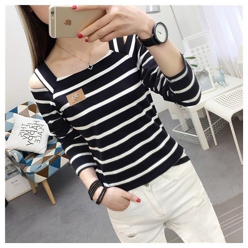 2022.肩開きボーダー長袖シャツトップス(ブラック)